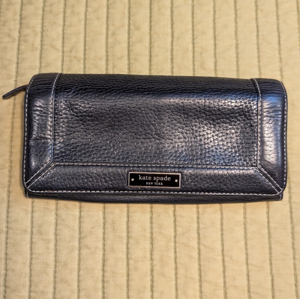 Kate Spade Black Pebbled Large Flap Leather Wallet